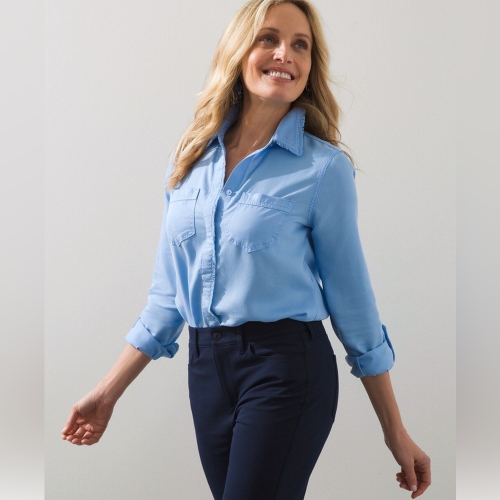 Chicos Blue Long Sleeve Button Down Woman Shirt
